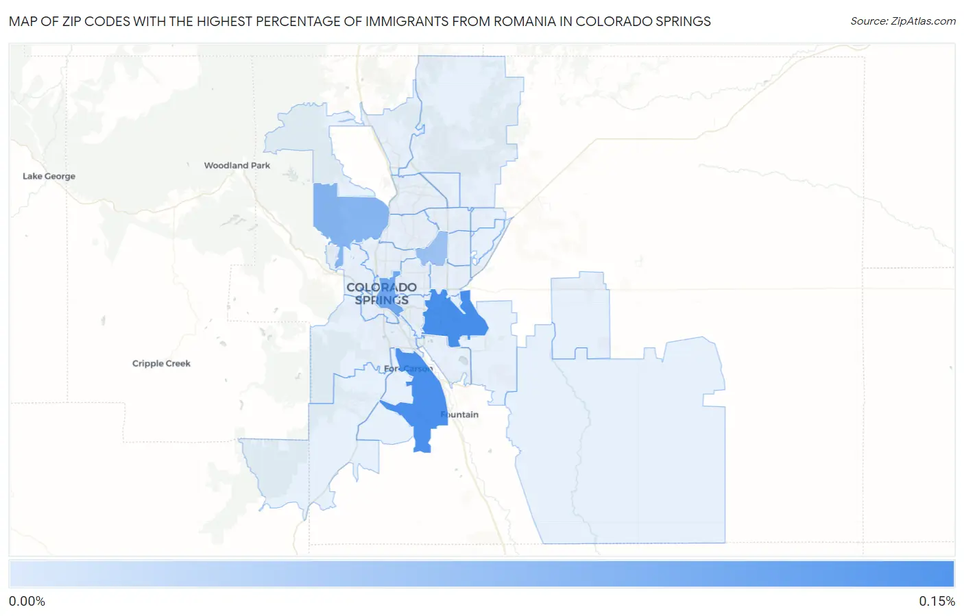 Zip Codes with the Highest Percentage of Immigrants from Romania in Colorado Springs Map