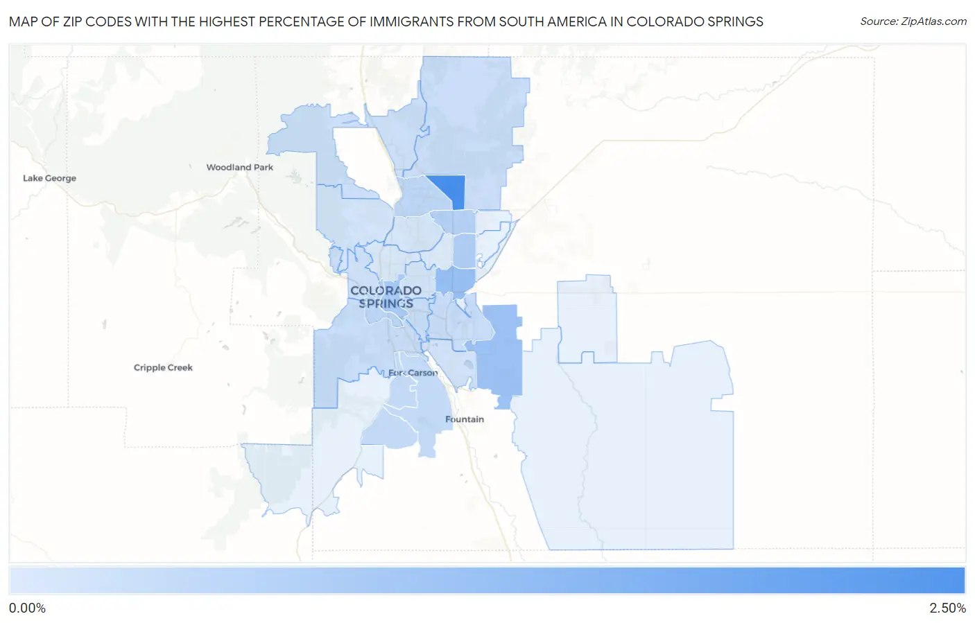 Zip Codes with the Highest Percentage of Immigrants from South America in Colorado Springs Map