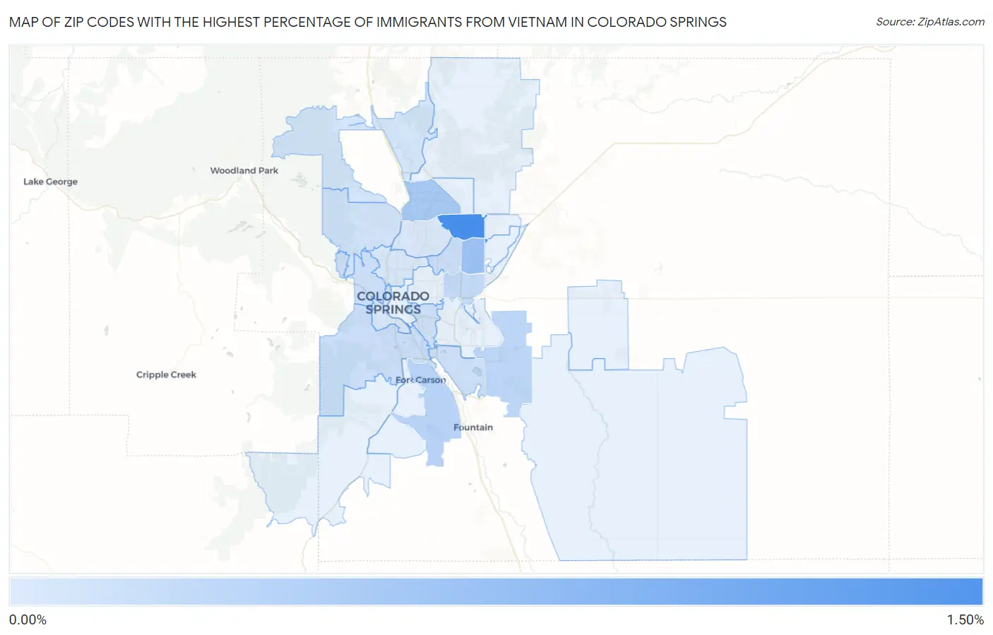 Zip Codes with the Highest Percentage of Immigrants from Vietnam in Colorado Springs Map