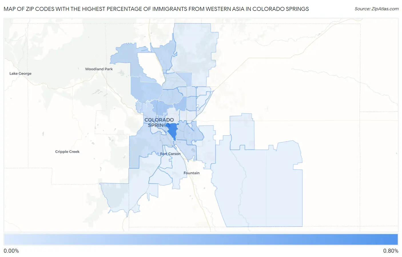 Zip Codes with the Highest Percentage of Immigrants from Western Asia in Colorado Springs Map