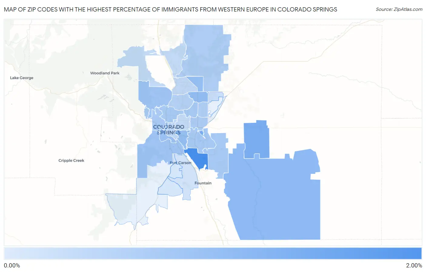 Zip Codes with the Highest Percentage of Immigrants from Western Europe in Colorado Springs Map