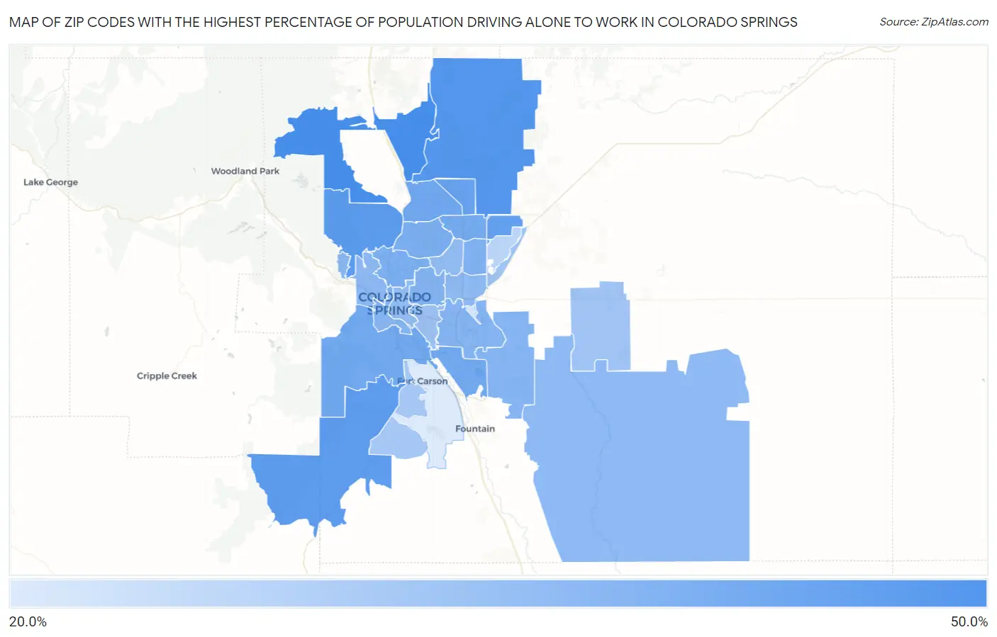 Zip Codes with the Highest Percentage of Population Driving Alone to Work in Colorado Springs Map