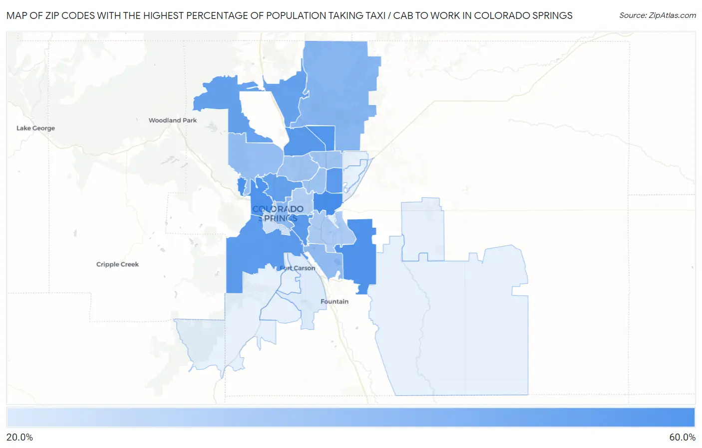 Zip Codes with the Highest Percentage of Population Taking Taxi / Cab to Work in Colorado Springs Map