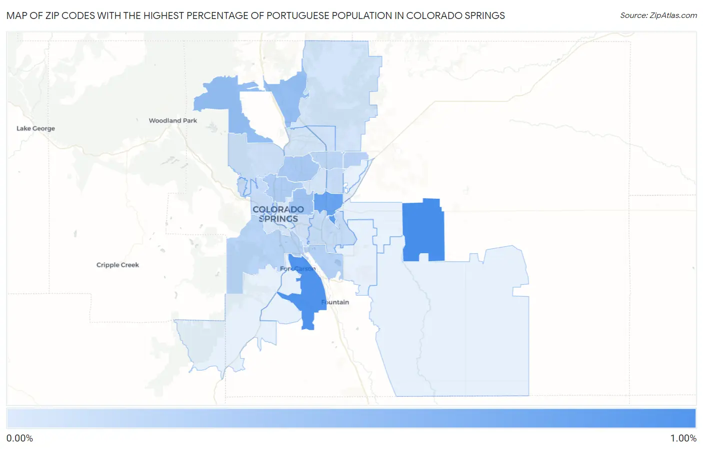 Zip Codes with the Highest Percentage of Portuguese Population in Colorado Springs Map