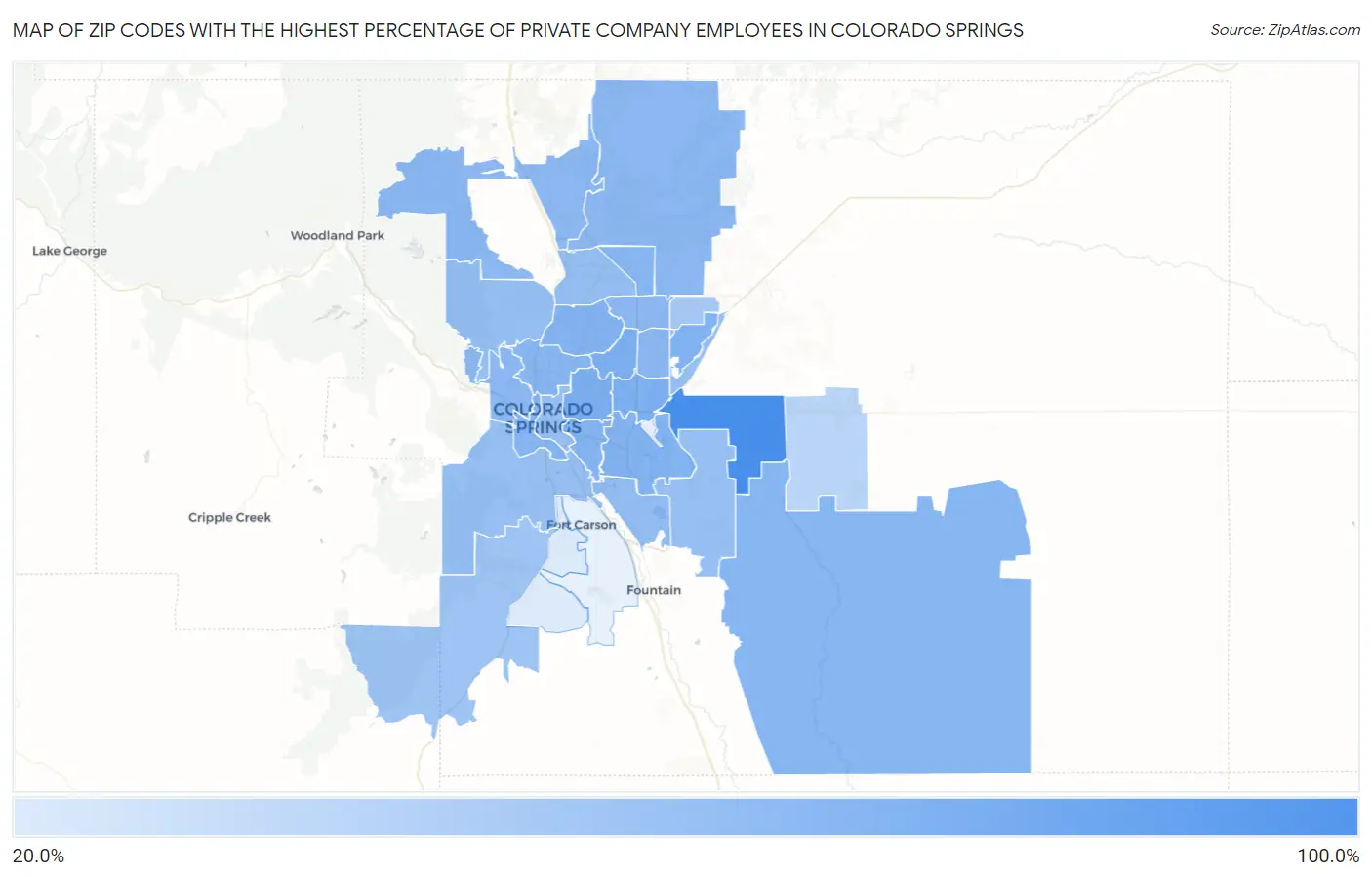 Zip Codes with the Highest Percentage of Private Company Employees in Colorado Springs Map