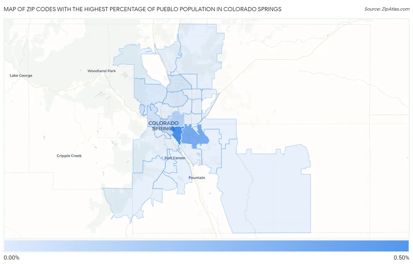 Zip Codes with the Highest Percentage of Pueblo Population in Colorado Springs Map