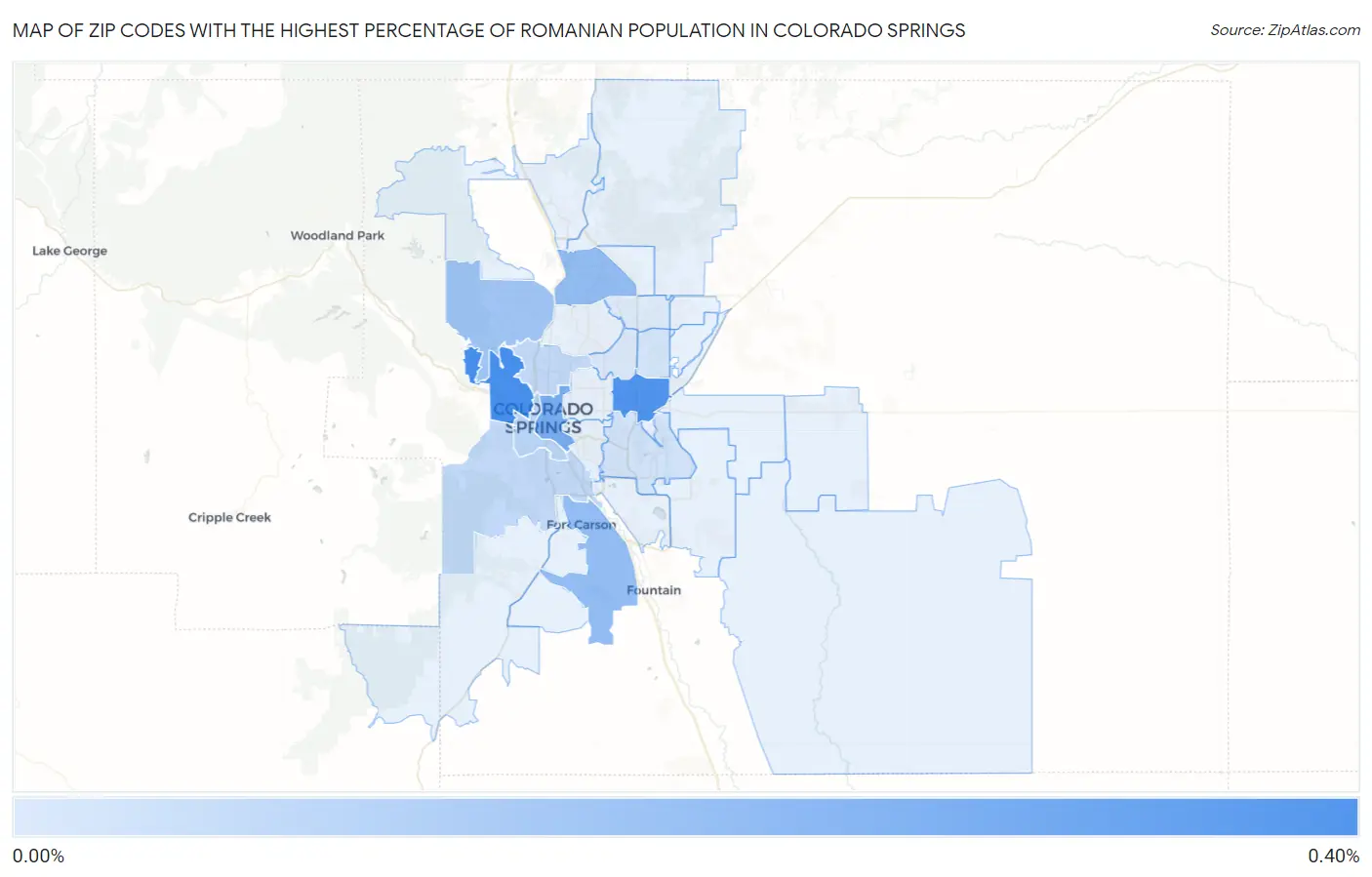 Zip Codes with the Highest Percentage of Romanian Population in Colorado Springs Map