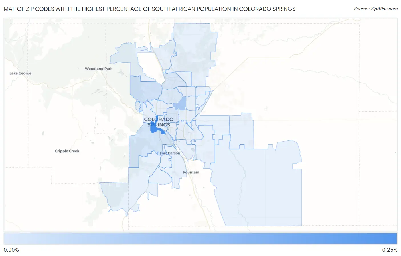 Zip Codes with the Highest Percentage of South African Population in Colorado Springs Map