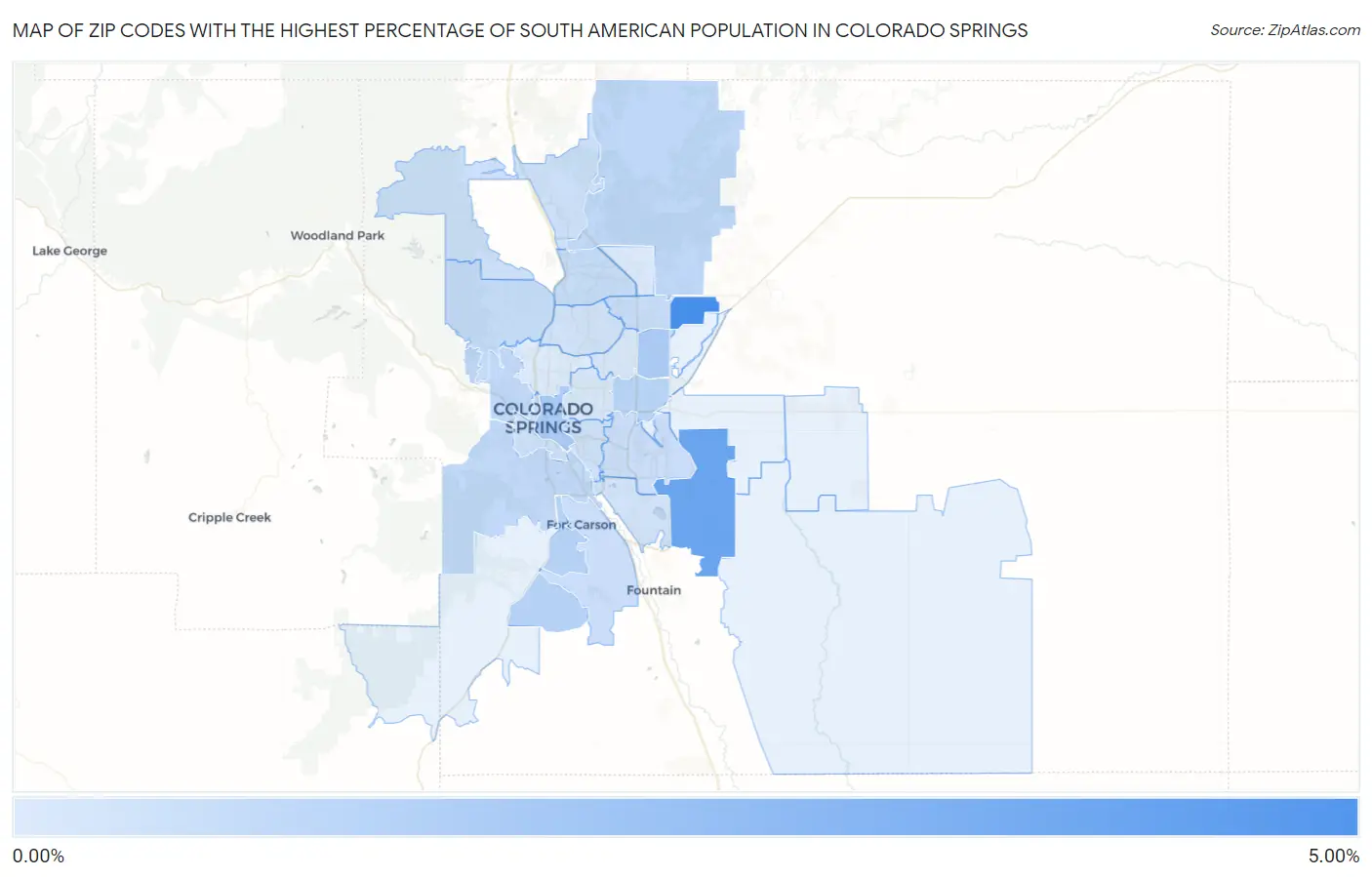 Zip Codes with the Highest Percentage of South American Population in Colorado Springs Map