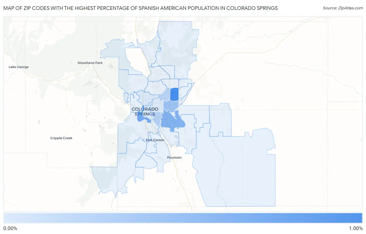 Zip Codes with the Highest Percentage of Spanish American Population in Colorado Springs Map