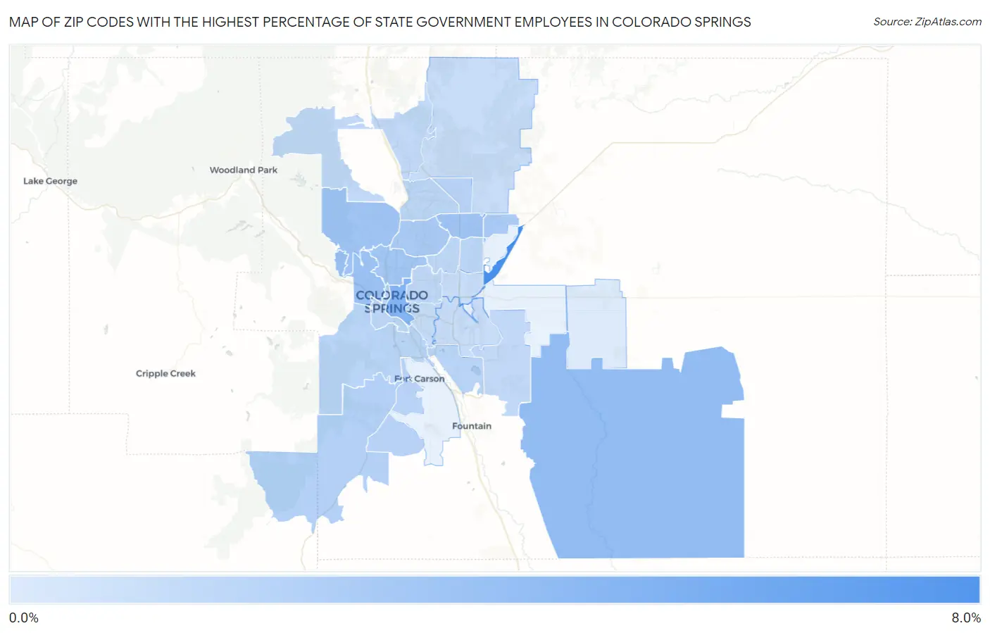 Zip Codes with the Highest Percentage of State Government Employees in Colorado Springs Map
