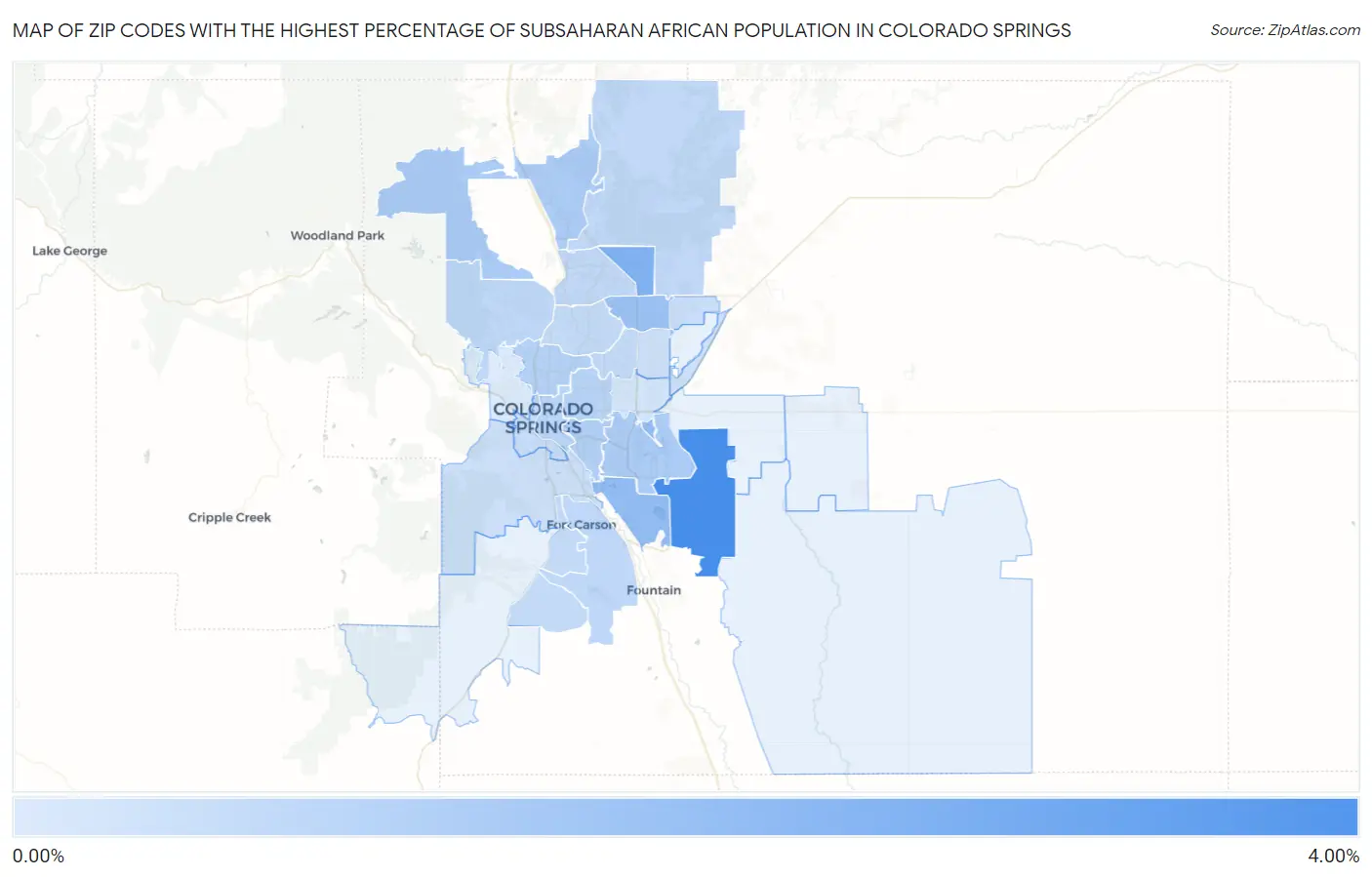 Zip Codes with the Highest Percentage of Subsaharan African Population in Colorado Springs Map