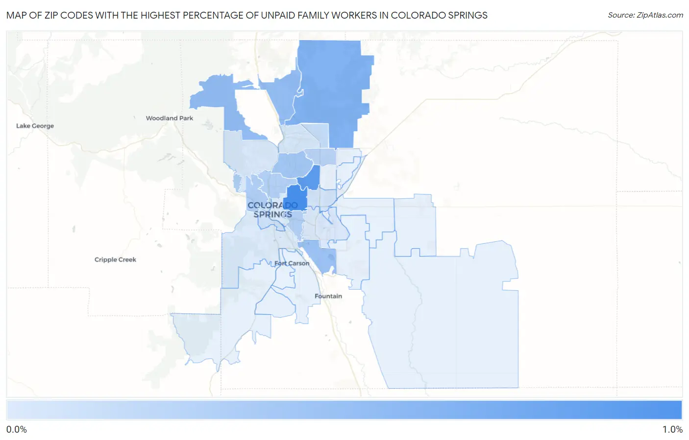 Zip Codes with the Highest Percentage of Unpaid Family Workers in Colorado Springs Map