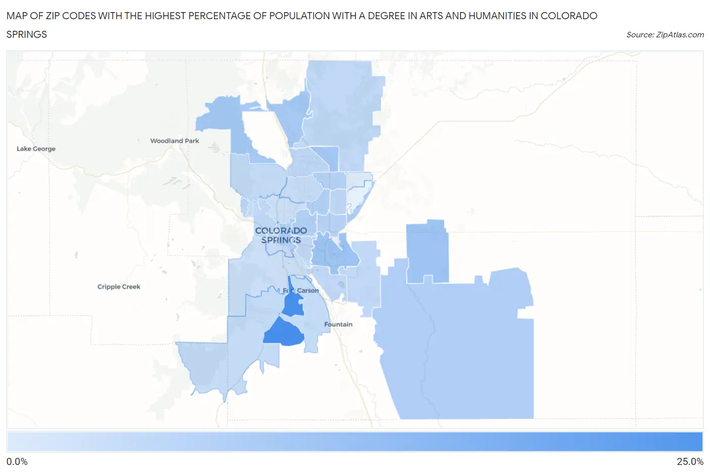 Zip Codes with the Highest Percentage of Population with a Degree in Arts and Humanities in Colorado Springs Map