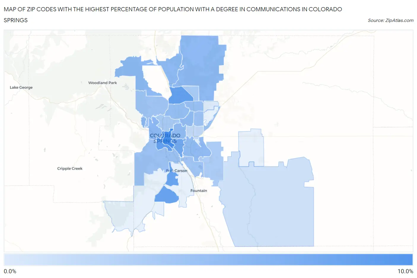 Zip Codes with the Highest Percentage of Population with a Degree in Communications in Colorado Springs Map