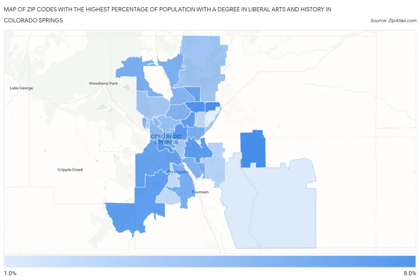 Zip Codes with the Highest Percentage of Population with a Degree in Liberal Arts and History in Colorado Springs Map
