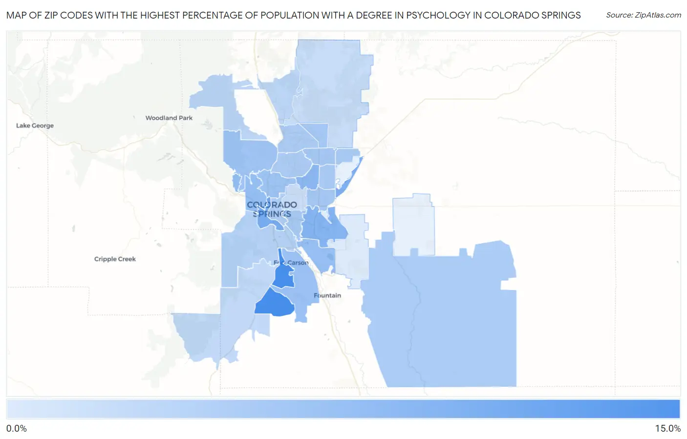 Zip Codes with the Highest Percentage of Population with a Degree in Psychology in Colorado Springs Map