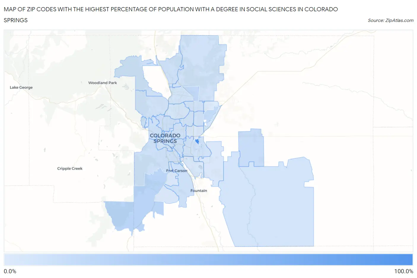 Zip Codes with the Highest Percentage of Population with a Degree in Social Sciences in Colorado Springs Map