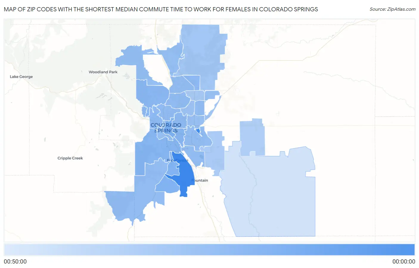 Zip Codes with the Shortest Median Commute Time to Work for Females in Colorado Springs Map