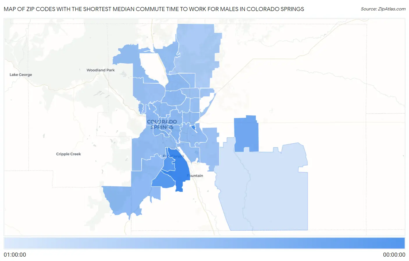 Zip Codes with the Shortest Median Commute Time to Work for Males in Colorado Springs Map