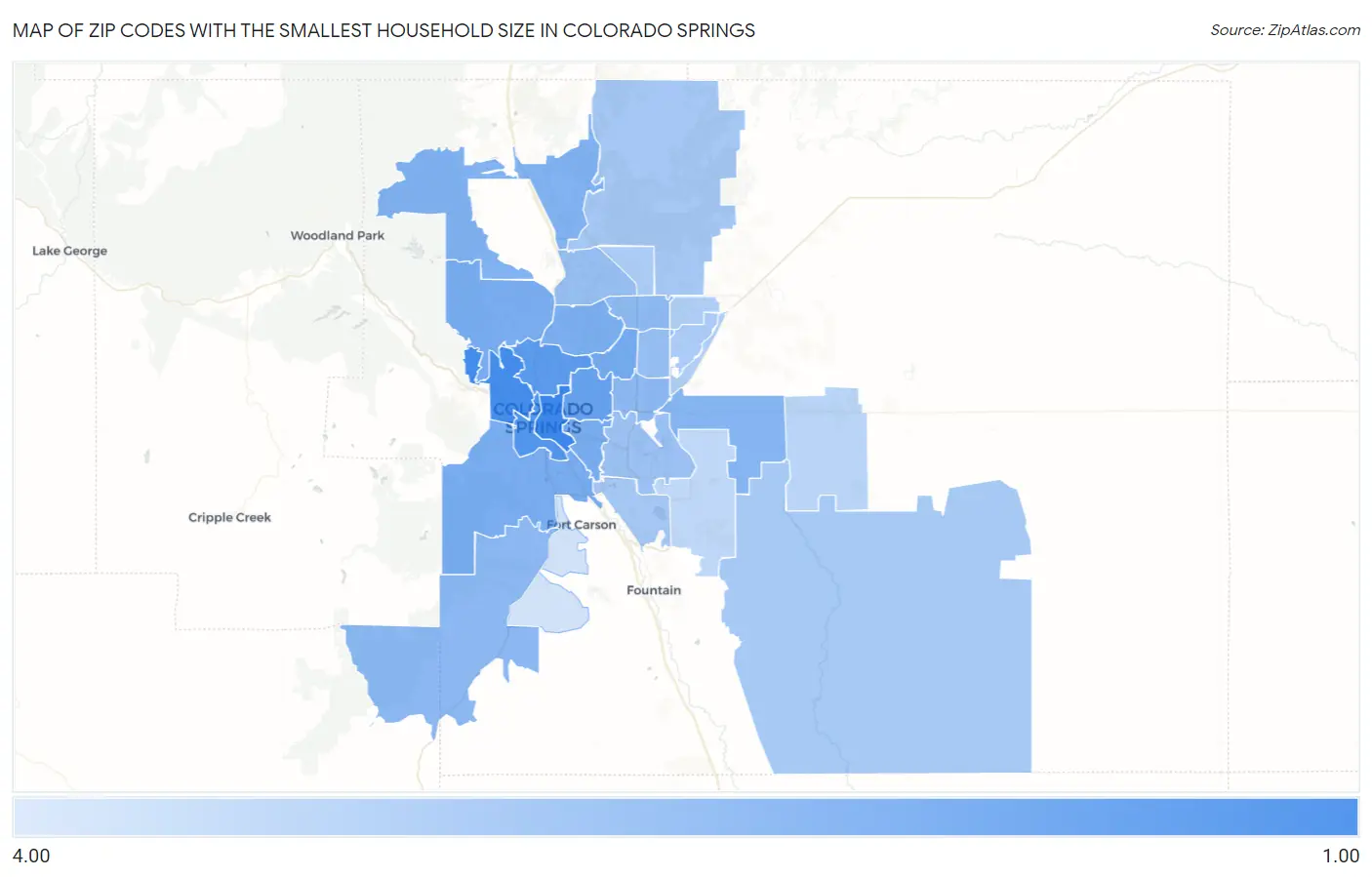 Zip Codes with the Smallest Household Size in Colorado Springs Map