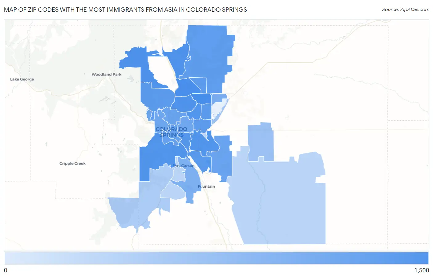 Zip Codes with the Most Immigrants from Asia in Colorado Springs Map
