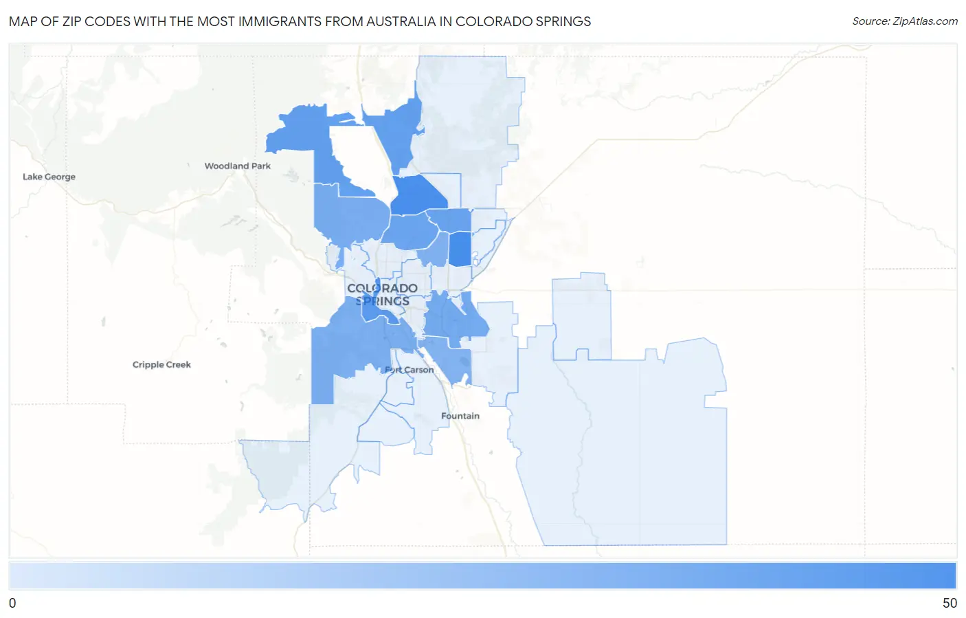Zip Codes with the Most Immigrants from Australia in Colorado Springs Map