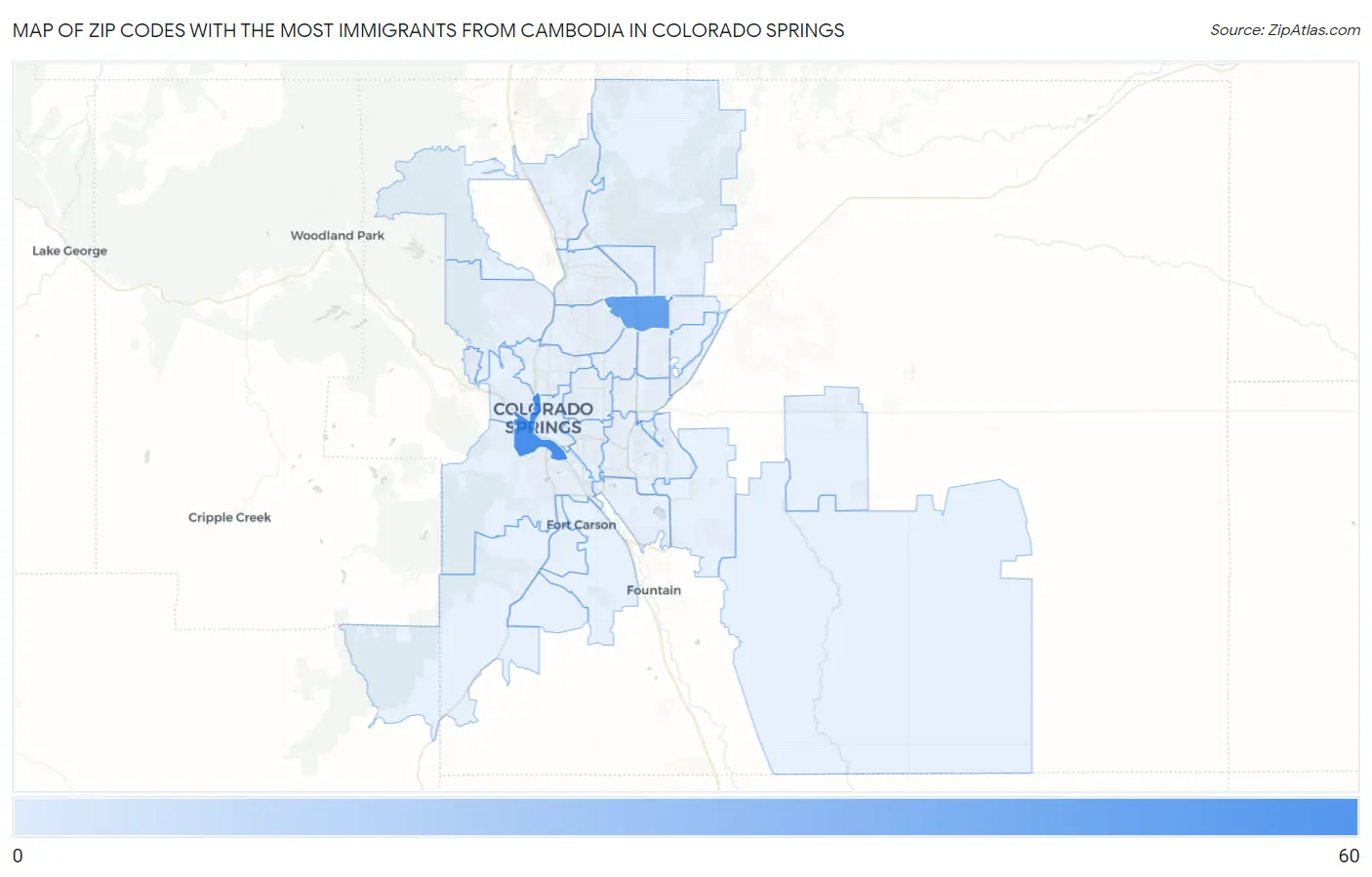Zip Codes with the Most Immigrants from Cambodia in Colorado Springs Map