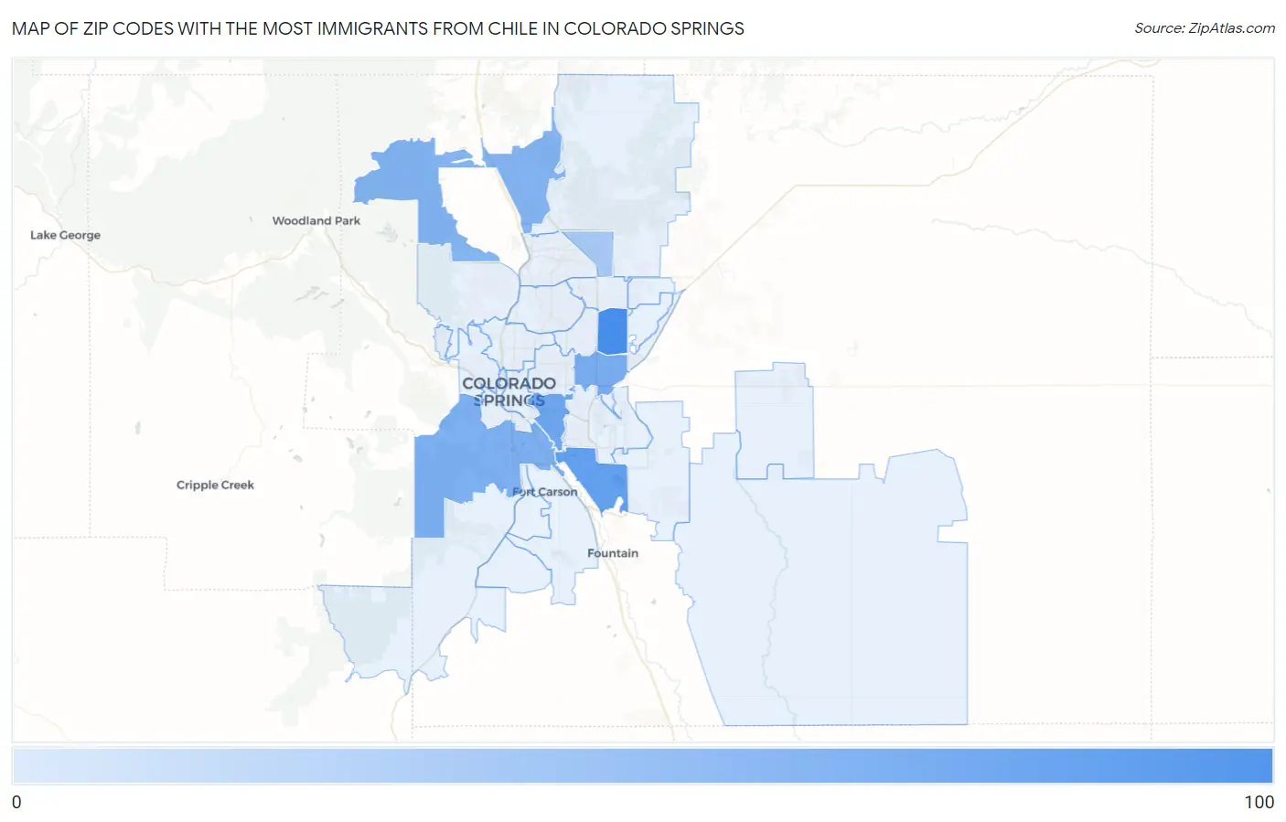 Zip Codes with the Most Immigrants from Chile in Colorado Springs Map