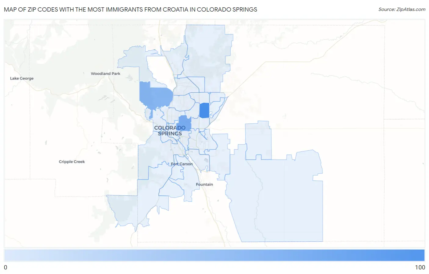 Zip Codes with the Most Immigrants from Croatia in Colorado Springs Map