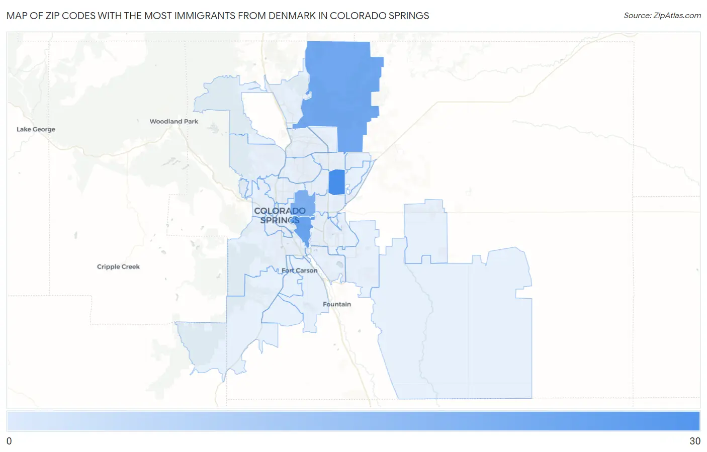 Zip Codes with the Most Immigrants from Denmark in Colorado Springs Map