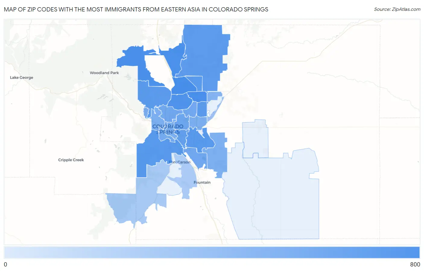 Zip Codes with the Most Immigrants from Eastern Asia in Colorado Springs Map