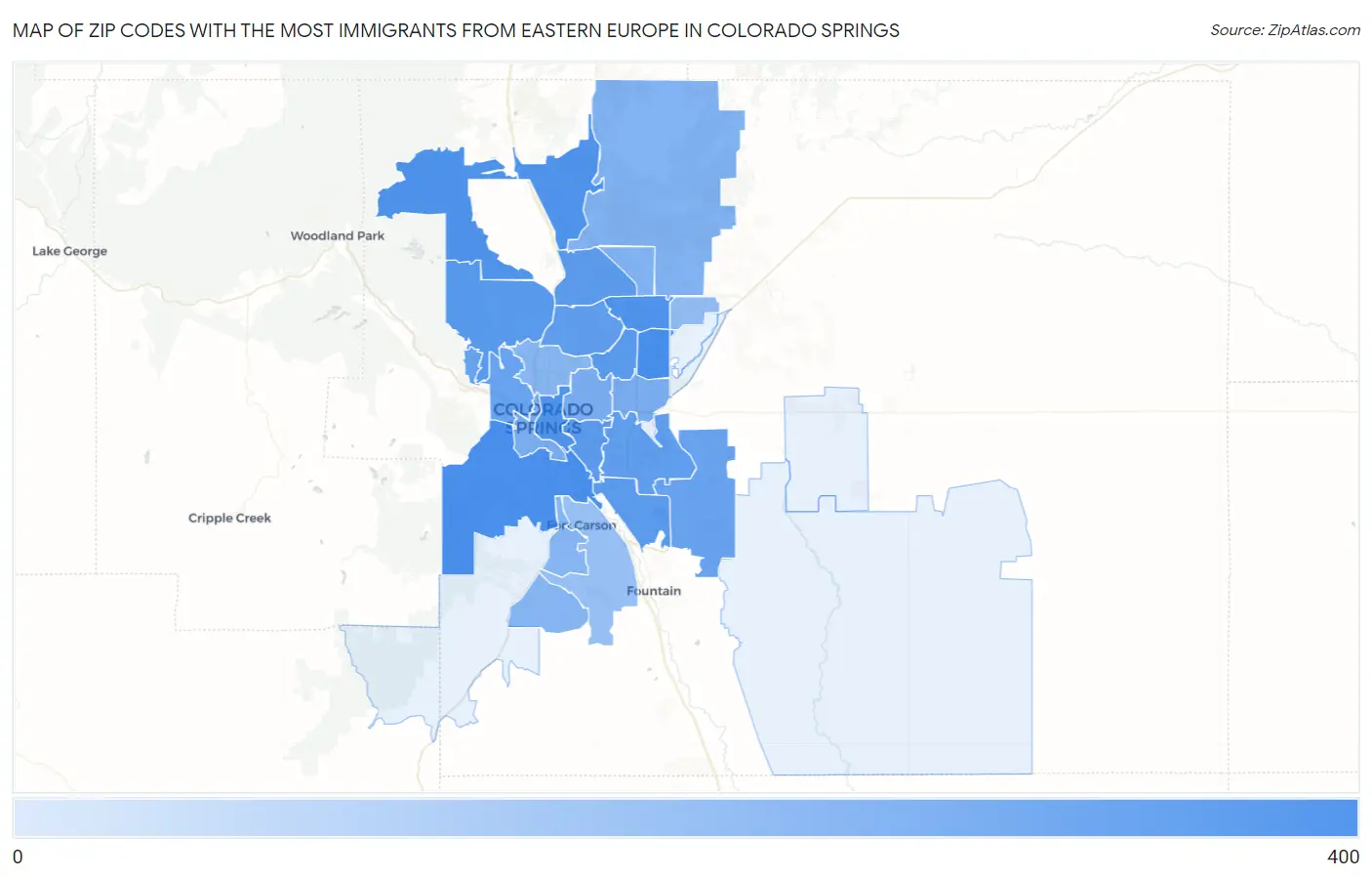 Zip Codes with the Most Immigrants from Eastern Europe in Colorado Springs Map