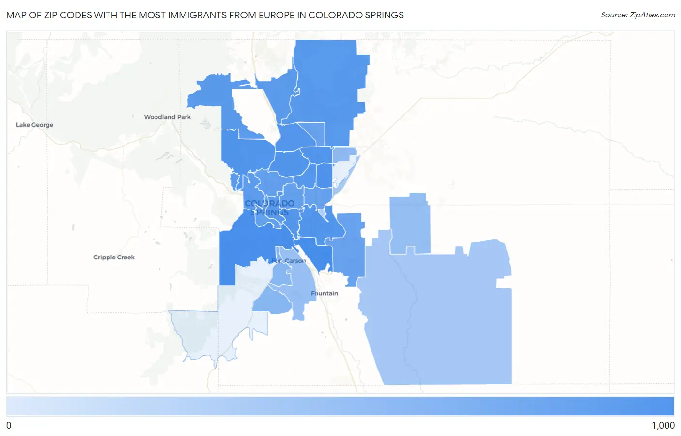 Zip Codes with the Most Immigrants from Europe in Colorado Springs Map