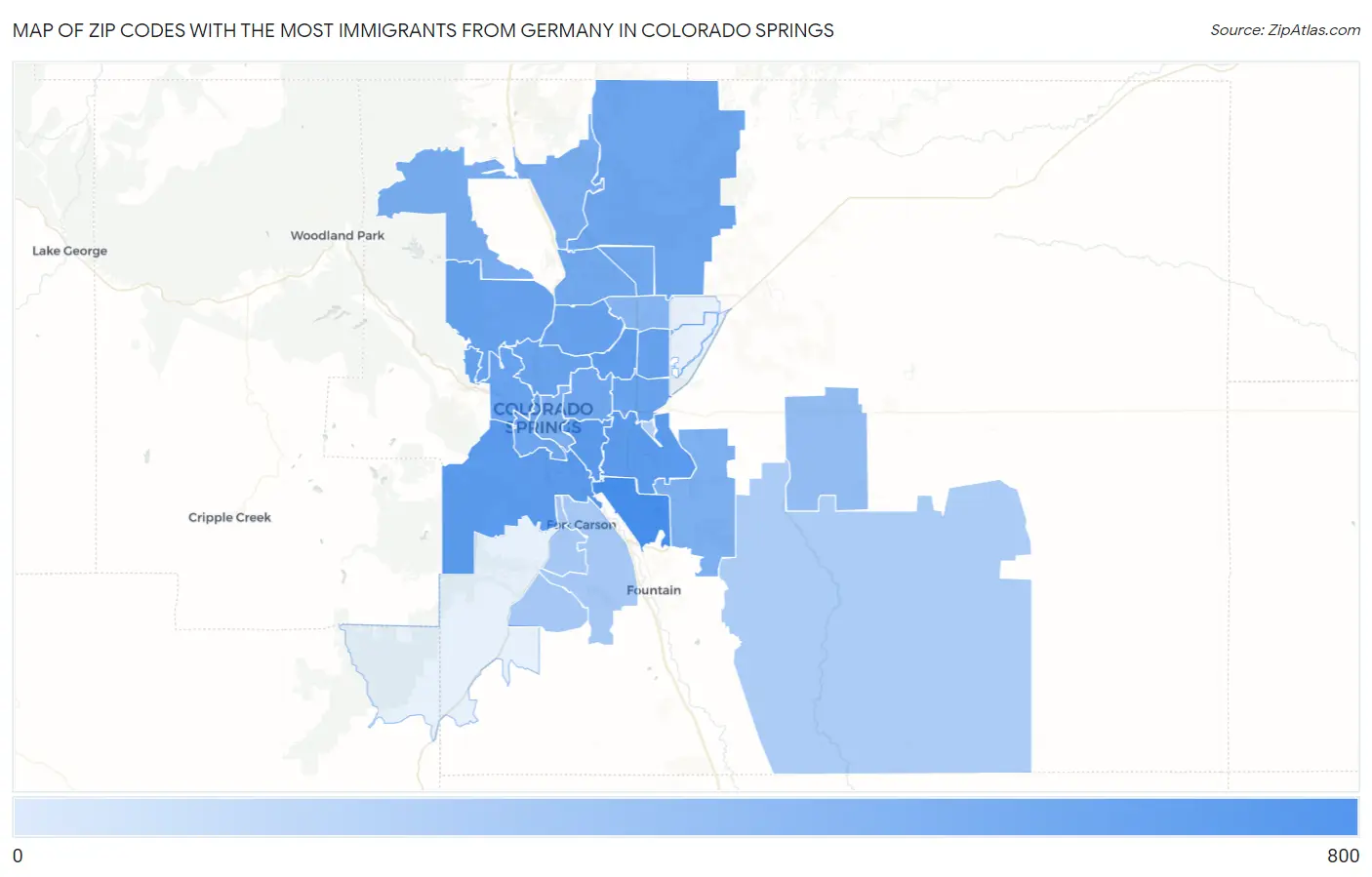 Zip Codes with the Most Immigrants from Germany in Colorado Springs Map