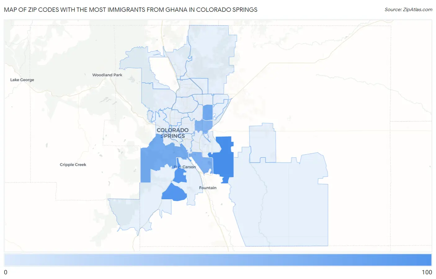 Zip Codes with the Most Immigrants from Ghana in Colorado Springs Map