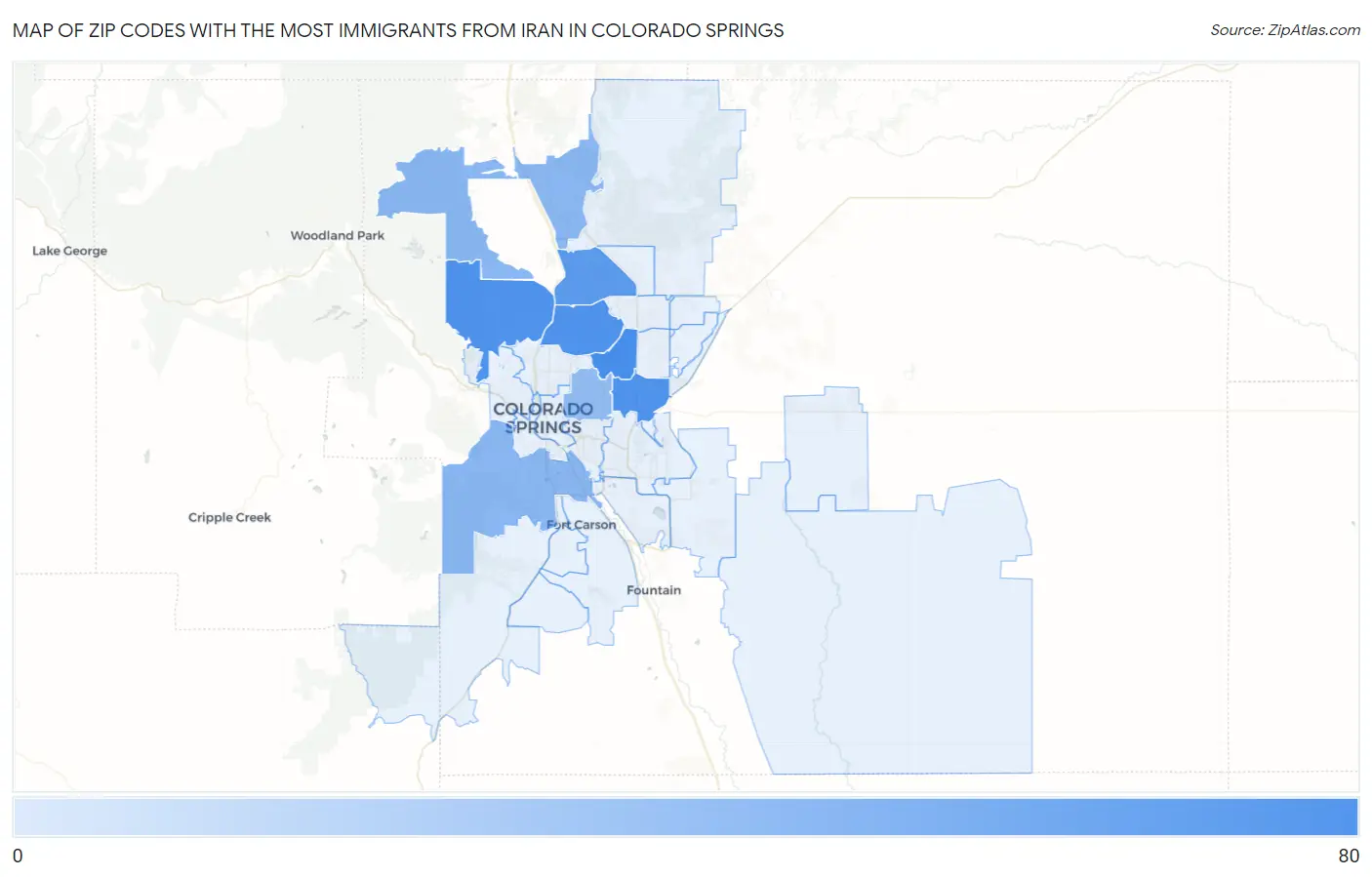 Zip Codes with the Most Immigrants from Iran in Colorado Springs Map