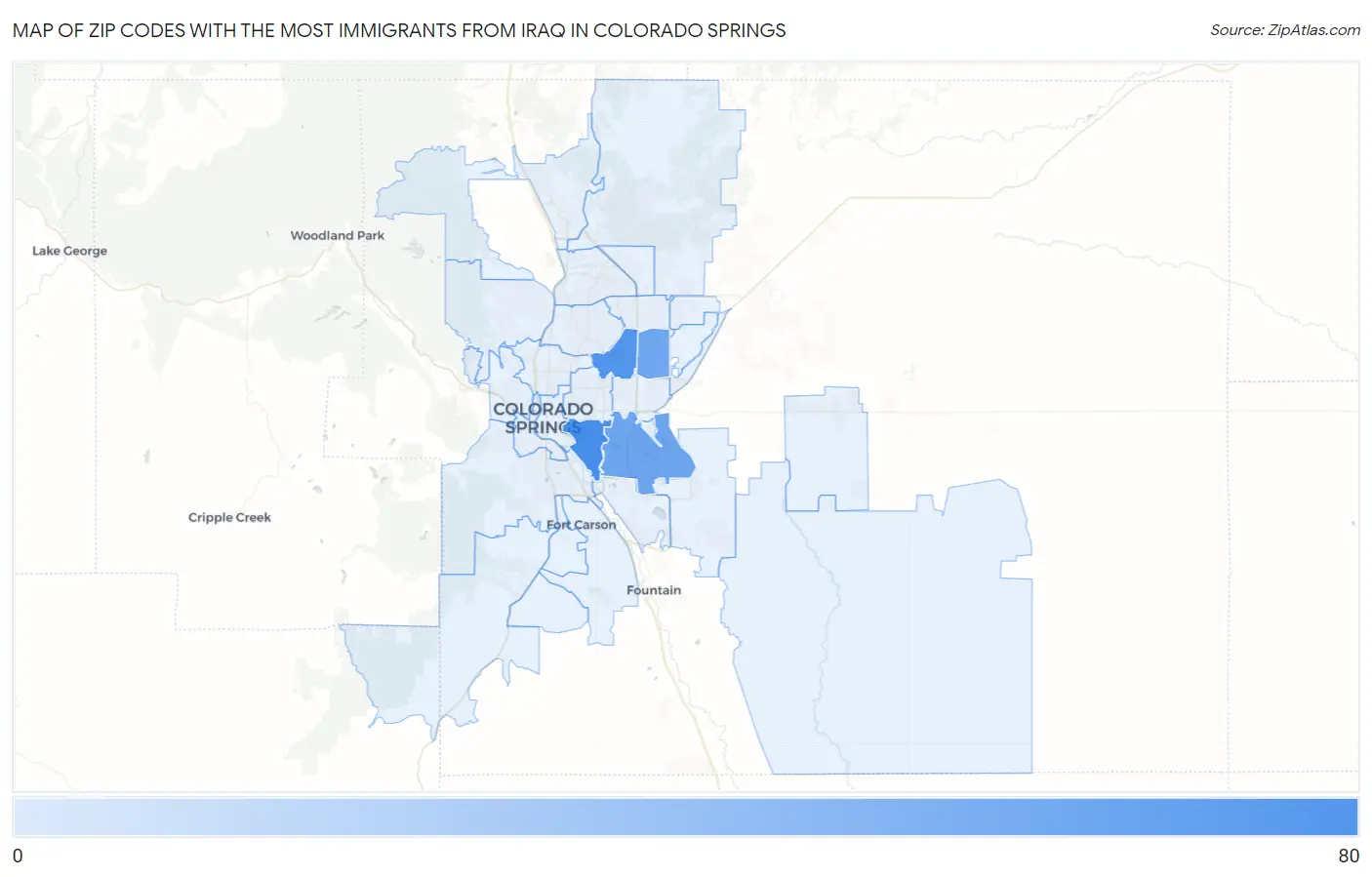 Zip Codes with the Most Immigrants from Iraq in Colorado Springs Map