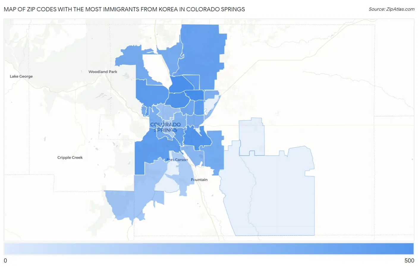 Zip Codes with the Most Immigrants from Korea in Colorado Springs Map