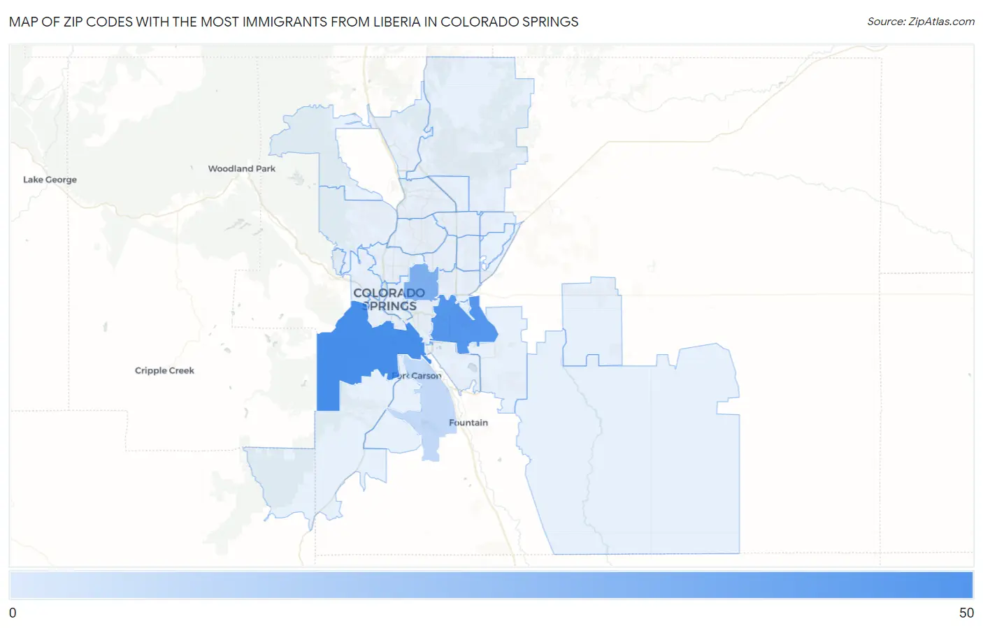 Zip Codes with the Most Immigrants from Liberia in Colorado Springs Map