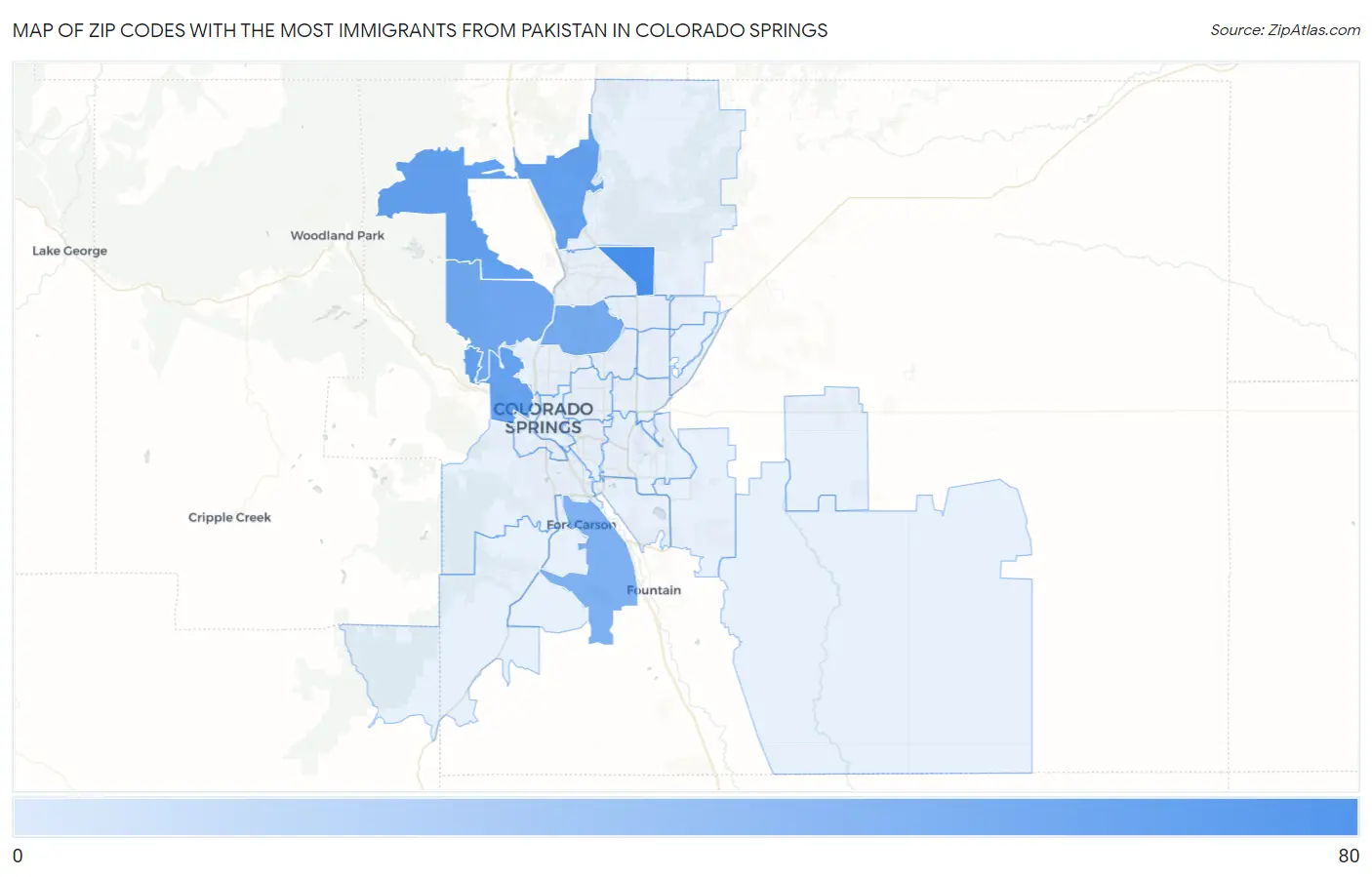 Zip Codes with the Most Immigrants from Pakistan in Colorado Springs Map