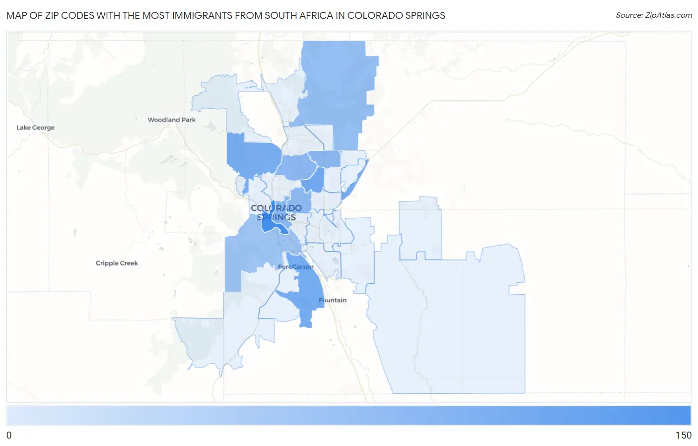 Zip Codes with the Most Immigrants from South Africa in Colorado Springs Map