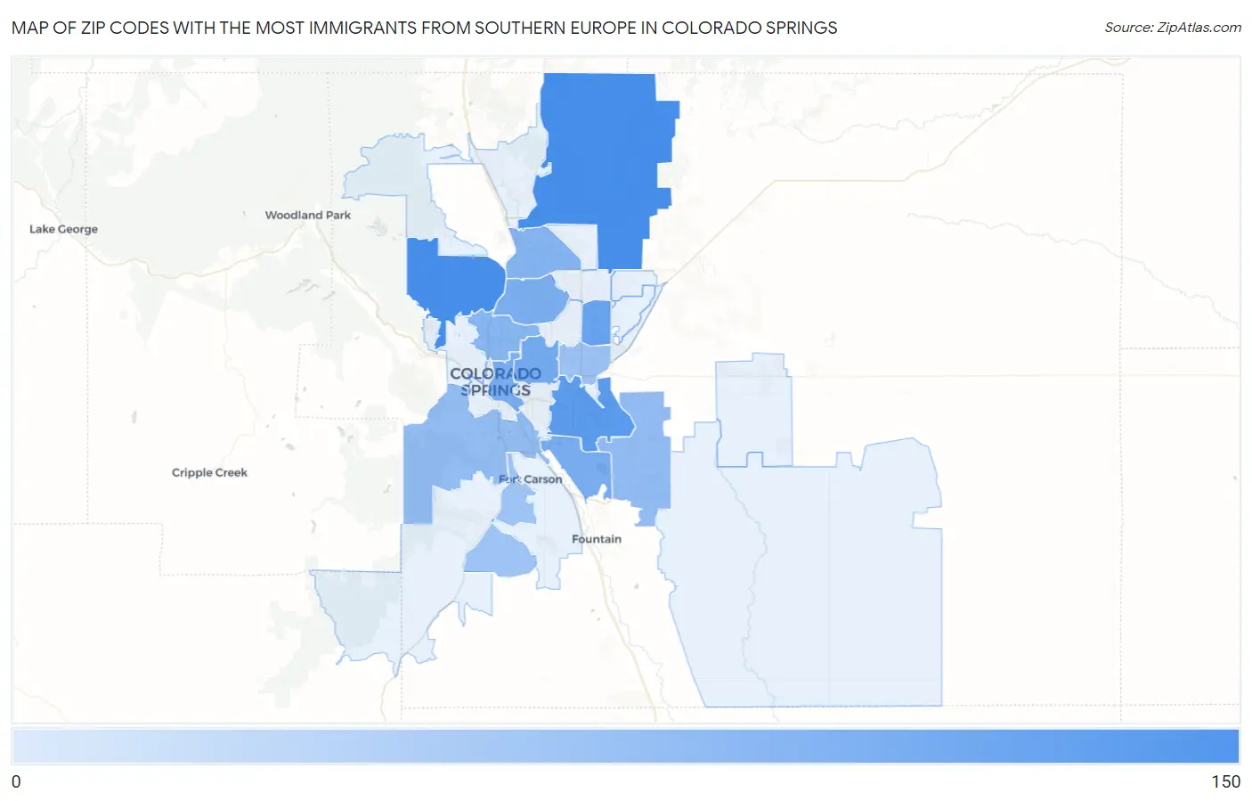Zip Codes with the Most Immigrants from Southern Europe in Colorado Springs Map