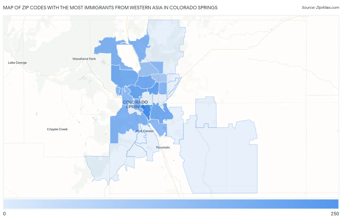 Zip Codes with the Most Immigrants from Western Asia in Colorado Springs Map