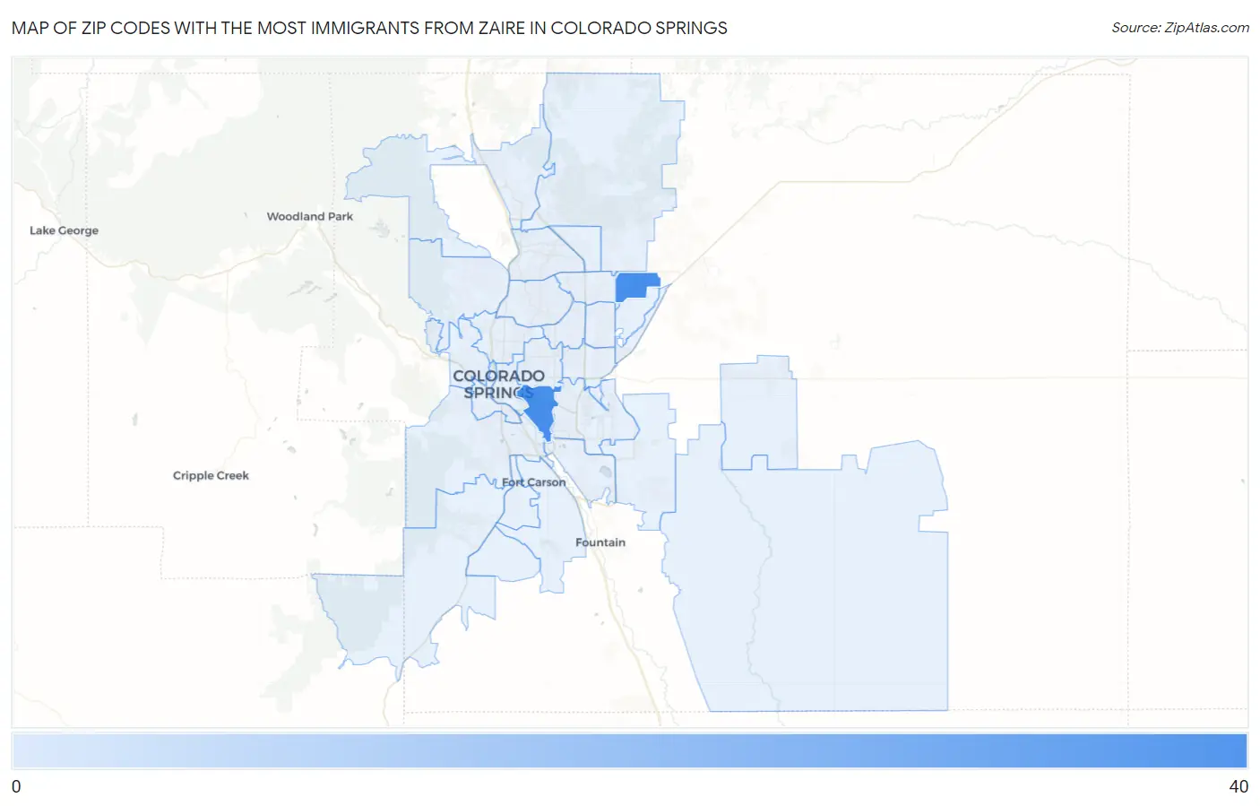 Zip Codes with the Most Immigrants from Zaire in Colorado Springs Map