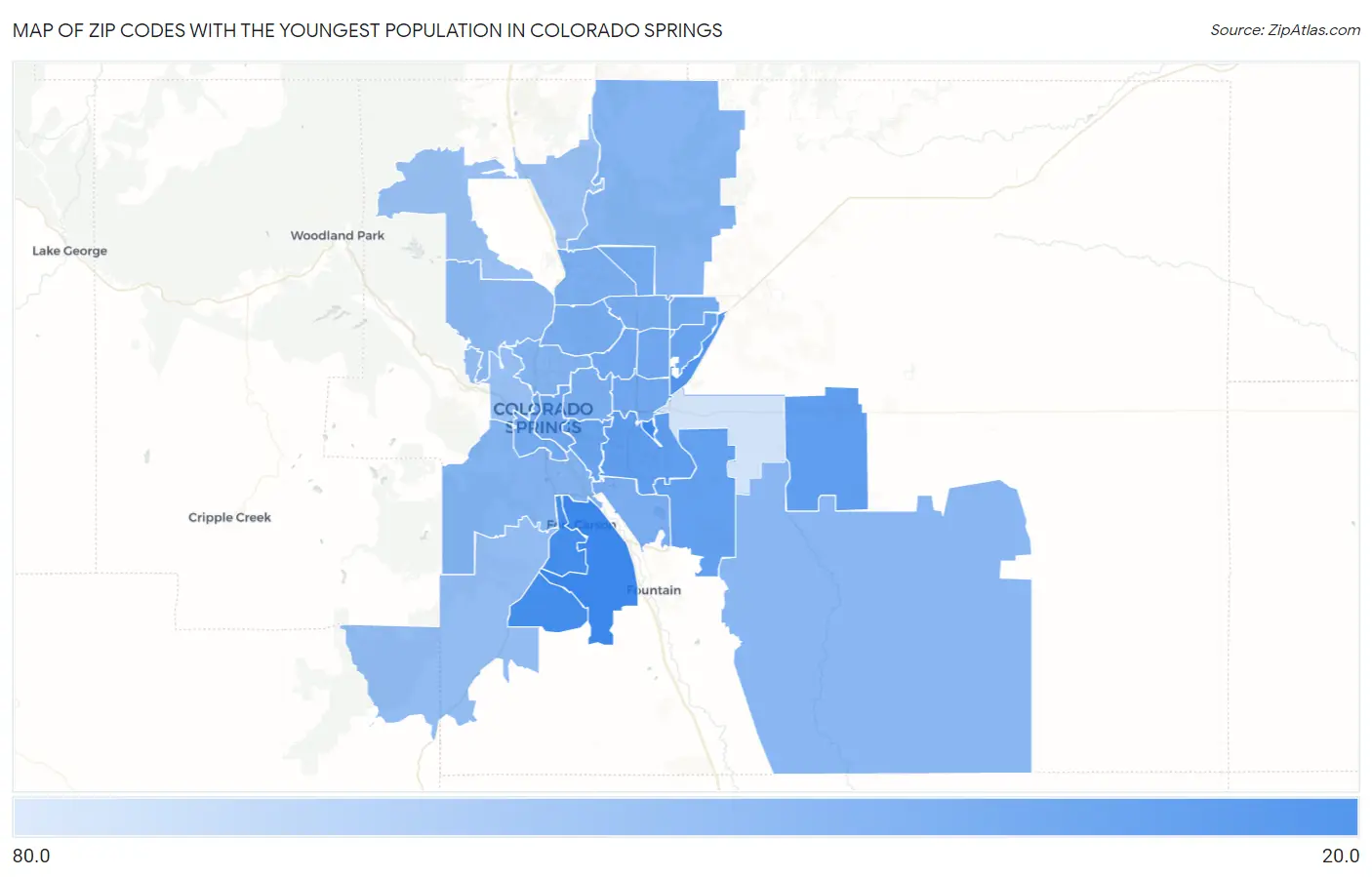 Zip Codes with the Youngest Population in Colorado Springs Map