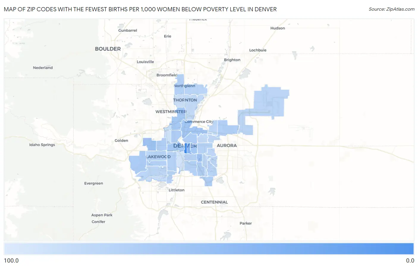 Zip Codes with the Fewest Births per 1,000 Women Below Poverty Level in Denver Map