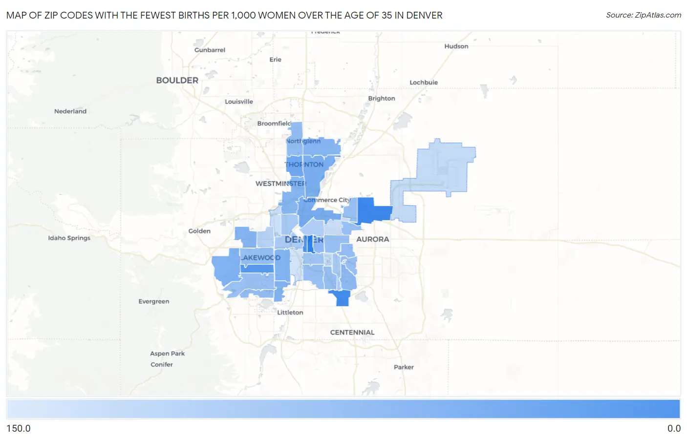 Zip Codes with the Fewest Births per 1,000 Women Over the Age of 35 in Denver Map