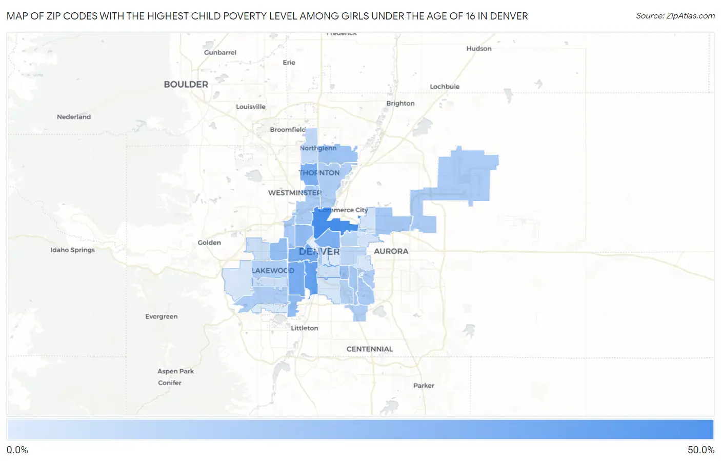 Zip Codes with the Highest Child Poverty Level Among Girls Under the Age of 16 in Denver Map