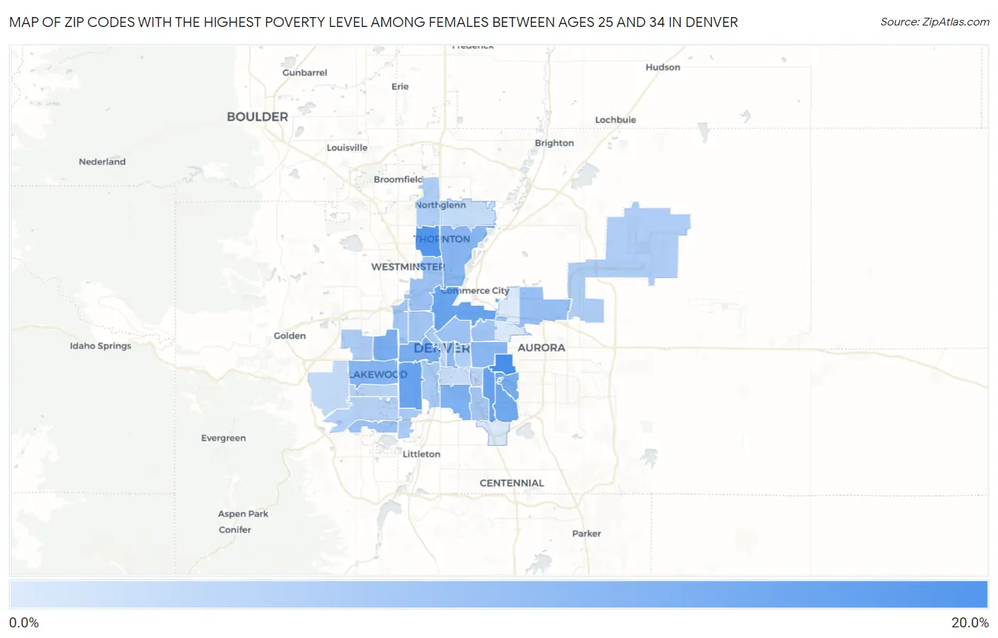 Zip Codes with the Highest Poverty Level Among Females Between Ages 25 and 34 in Denver Map